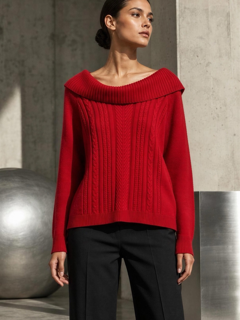 Soho Red Off-Shoulder Cable Knit Sweater